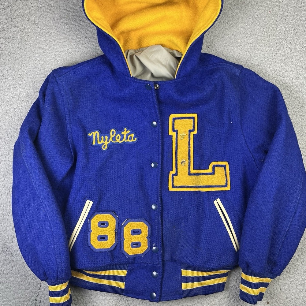 Vintage Varsity High School Jacket Blue Yellow 1980s Coat Snap Button